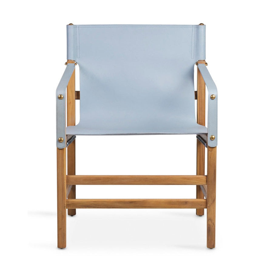 Prémium kategóriás, vintage stílusú, teakfából faragott, világoskék színű bőrrel kárpitozott kézműves karosszék.