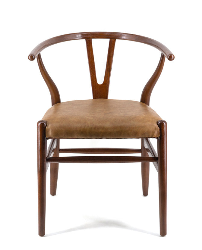 Vintage stílusú teakfa karosszék, bőr borítású ülőfelülettel.