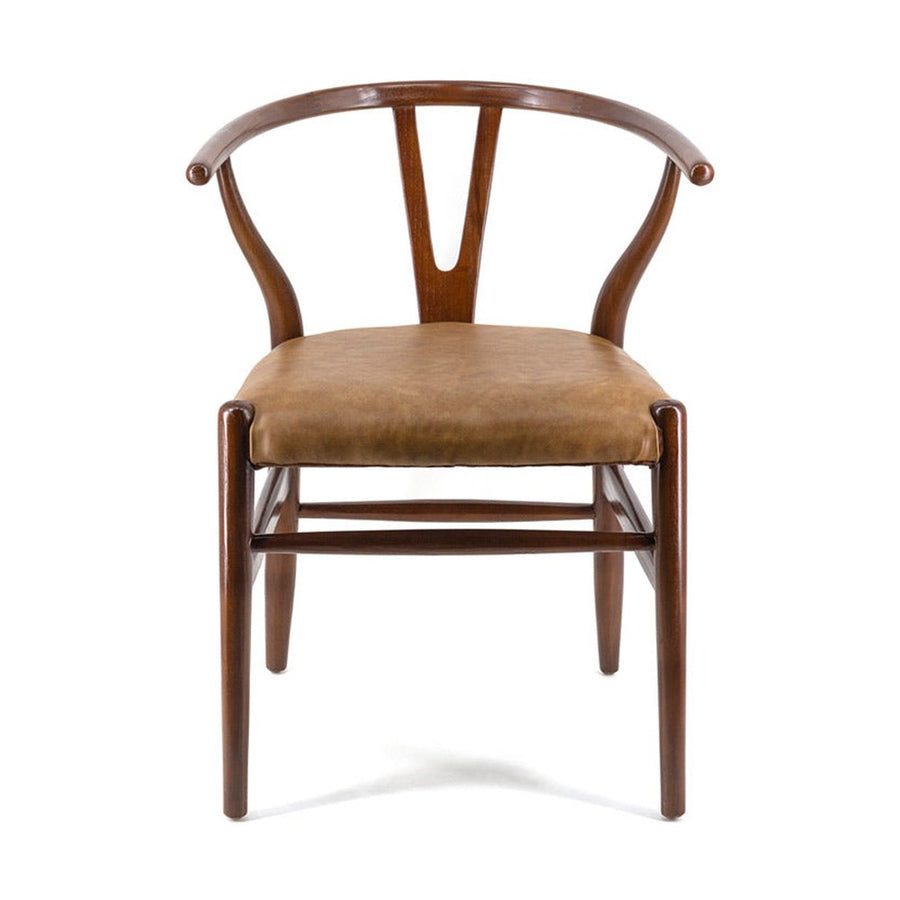 Vintage stílusú teakfa karosszék, bőr borítású ülőfelülettel.