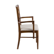 Modern stílusú, teakfából faragott, bézs színű szövettel kárpitozott kézműves karosszék.