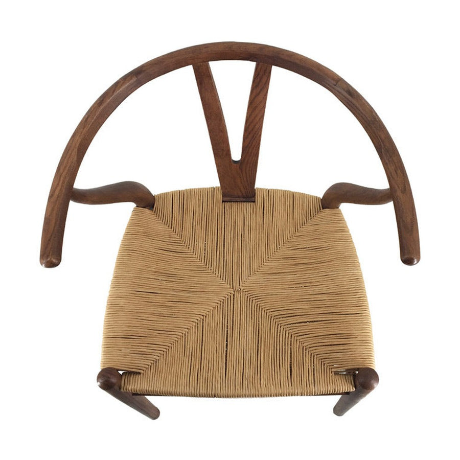 Kortárs stílusú, teakfából készült karosszék gyékényből szőtt ülőfelülettel.