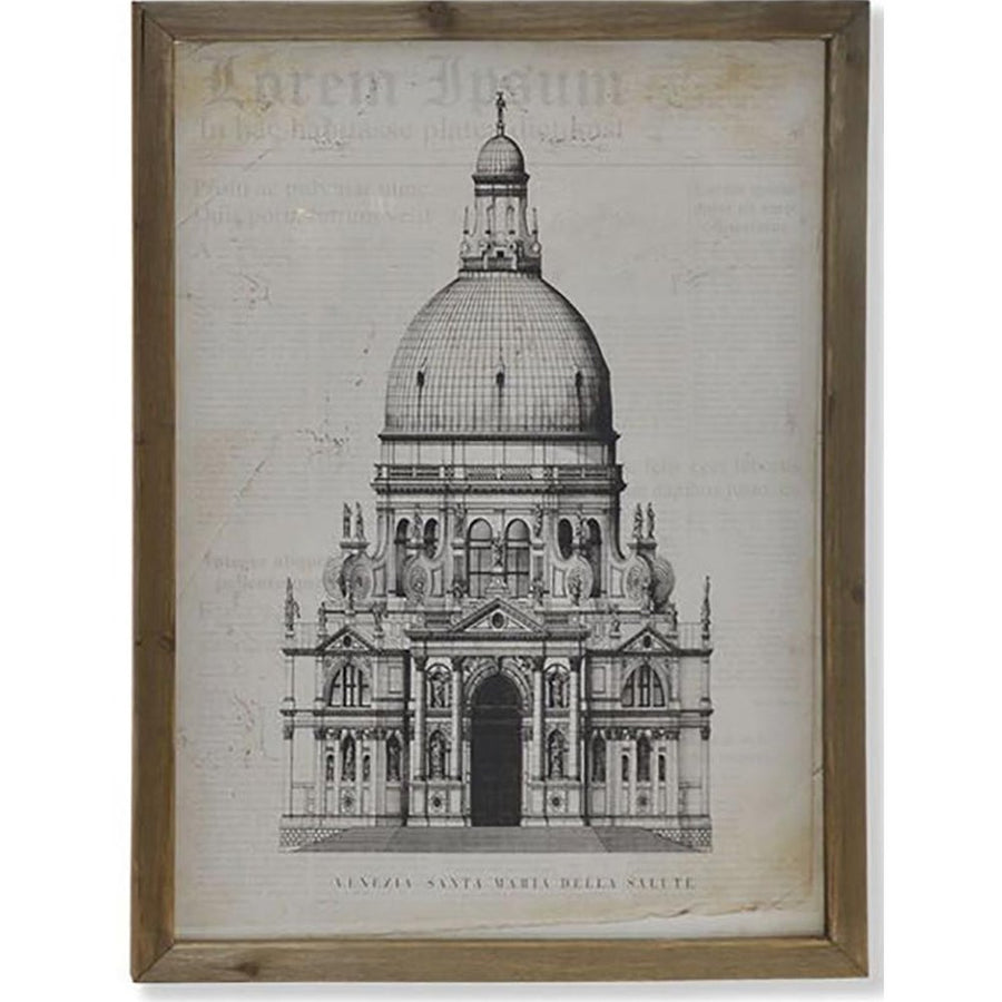 A velencei Santa Maria Della Salute bazilka metszetrajzának fotóprintje üvegezett antikolt felületű fa képkeretben