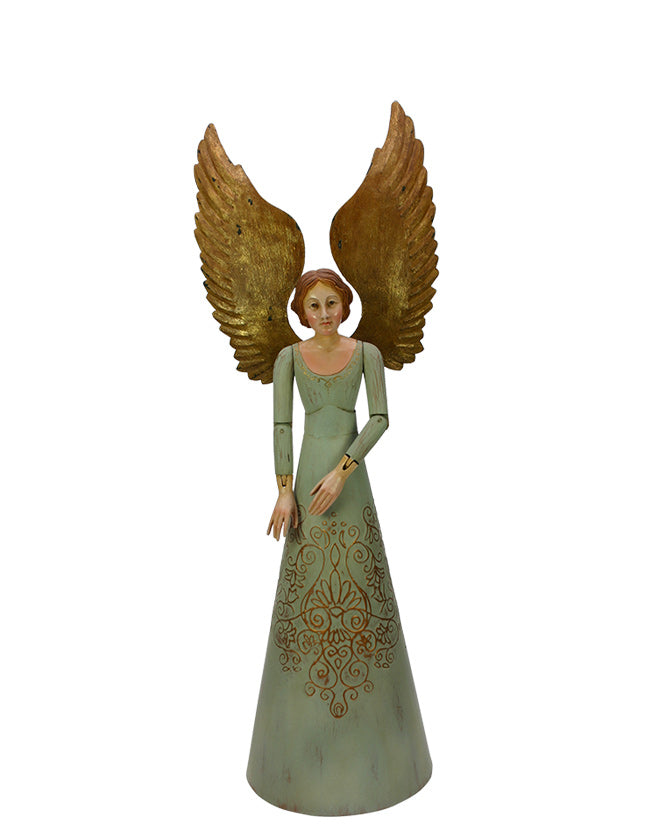 Mozgatható, pozícionálható karokkal kiállított zsályazöld színű modenai angyal figura.