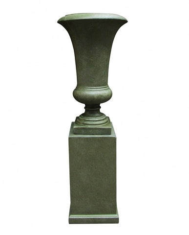 Óriás méretű, sima felületű, antik zöld színű talpas kaspó posztamensen