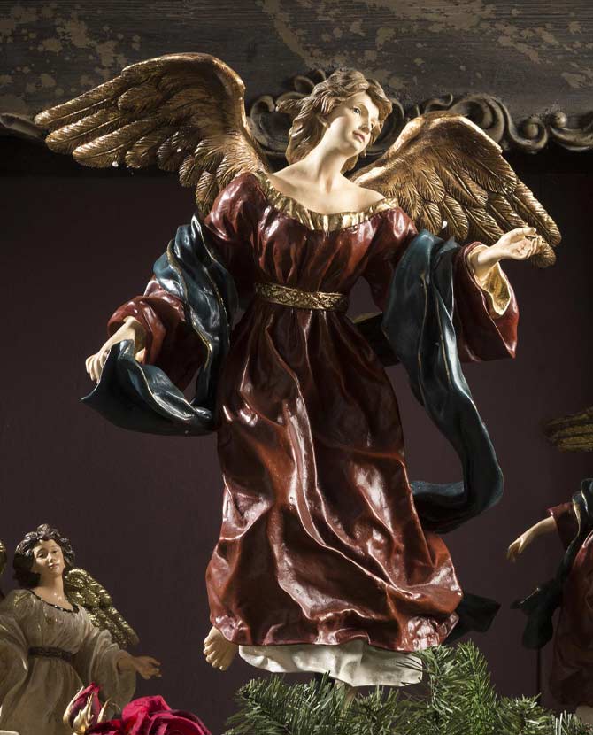 Barokkos megjelenésű, óriás méretű, 65,5 cm magas, antikolt felületű, karácsonyi angyal figura, óarany szárnyakkal,