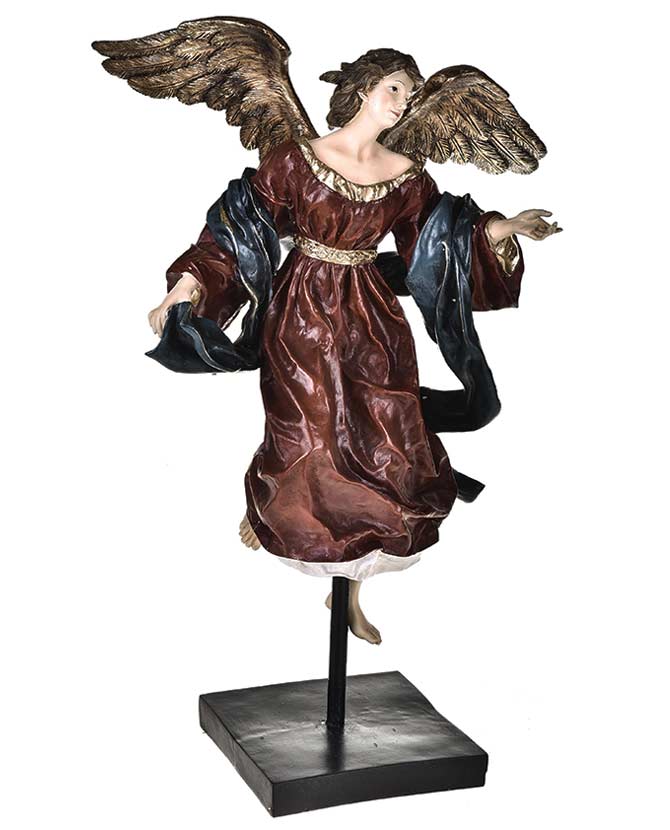 Barokkos megjelenésű, óriás méretű, 65,5 cm magas, antikolt felületű, karácsonyi angyal figura, óarany szárnyakkal.