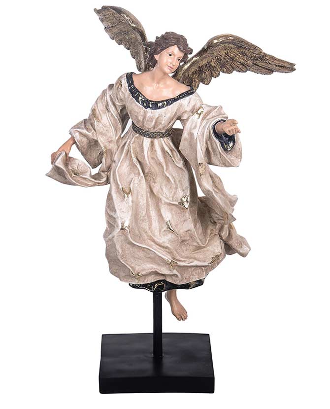 Barokkos megjelenésű, óriás méretű, 65,5 cm magas, antikolt felületű karácsonyi angyal figura óarany szárnyakkal.