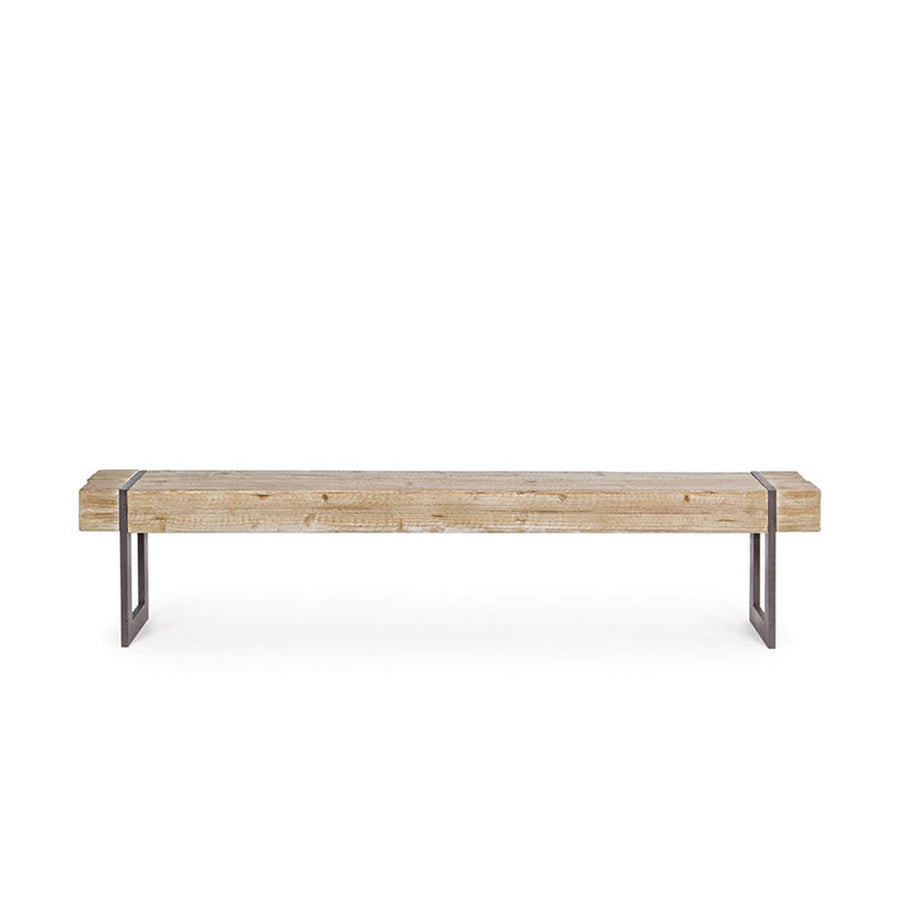 Skandináv stílusú, fenyőfából és fémből készült pad.