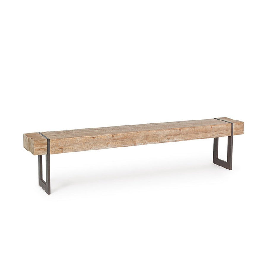 Skandináv stílusú, fenyőfából és fémből készült pad. 