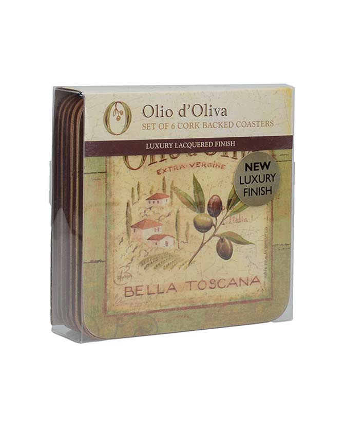 Mediterrán stílusú, olívabogyókkal díszített 6 db-os parafa poháralátét szett a "Olio d' Oliva" kollekcióból
