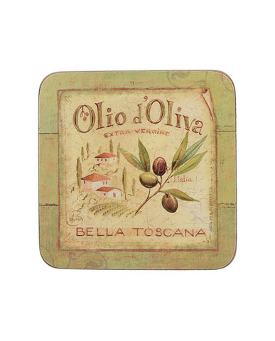 Mediterrán stílusú, olívabogyókkal díszített 6 db-os parafa poháralátét szett a "Olio d' Oliva" kollekcióból