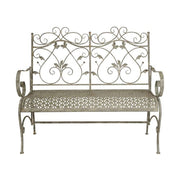 Vintage stílusú, antikolt szürke színű, kétszemélyes kerti fémpad. A bútort fémből készült inda- és levélmotívumok díszítik.