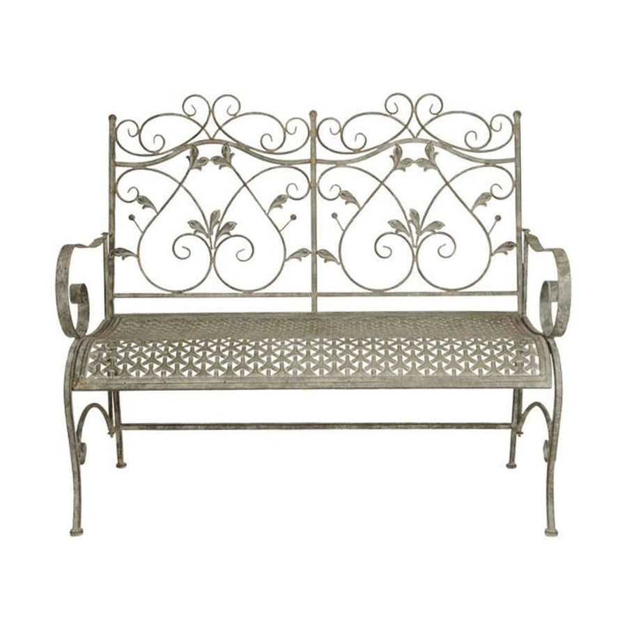 Vintage stílusú, antikolt szürke színű, kétszemélyes kerti fémpad. A bútort fémből készült inda- és levélmotívumok díszítik.