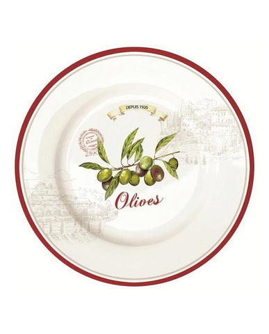 Vidéki, mediterrán stílusú, olajbogyókkal és Olives felirattal díszített, 19 cm átmérőjű porcelán desszerttányér.