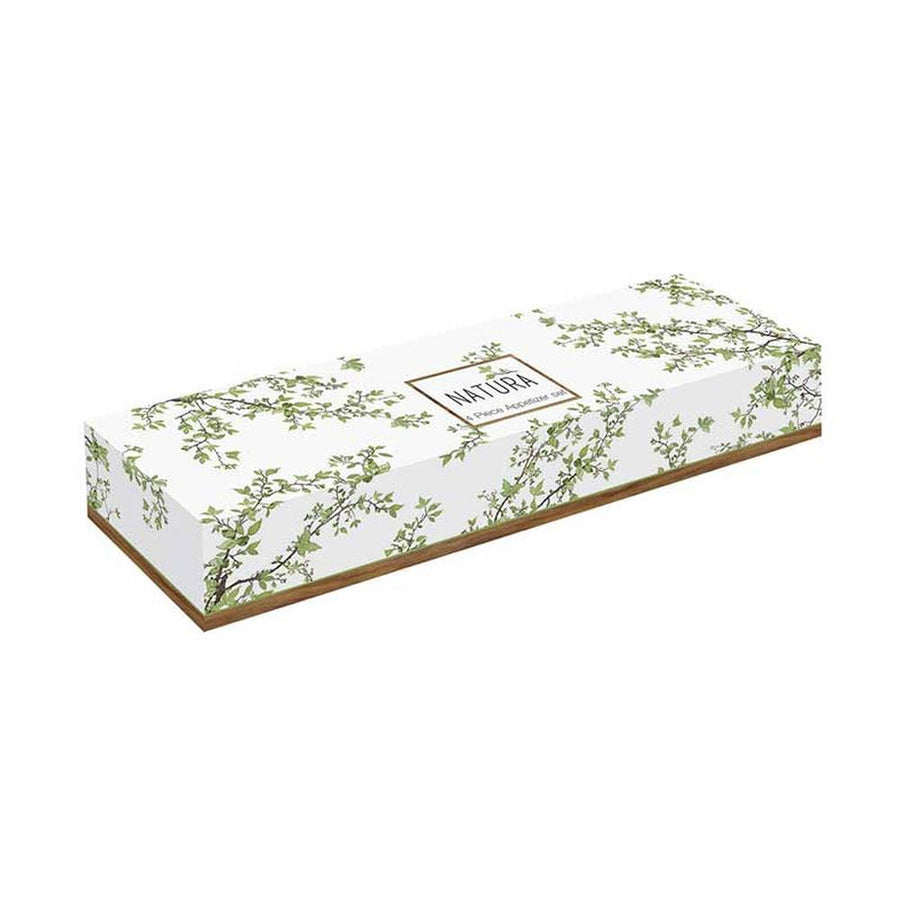 Zöldellő tavaszi faággal díszített, 3 darabos, minőségi porcelánból készült kínáló szett, akácfa tálcán díszdobozba csomagolva.