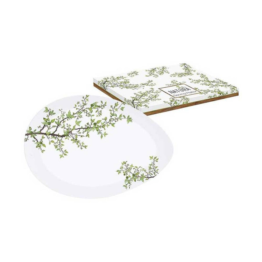 Zöldellő tavaszi faággal díszített, 24 cm hosszú, minőségi porcelánból készült kínáló tál díszdobozba csomagolva.