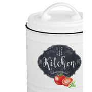 Fekete szegéjű, fehér színű porcelán konyhai tároló paradicsom mintával és kitchen felirattal