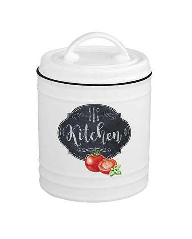 Fekete szegéjű, fehér színű porcelán konyhai tároló paradicsom mintával és kitchen felirattal