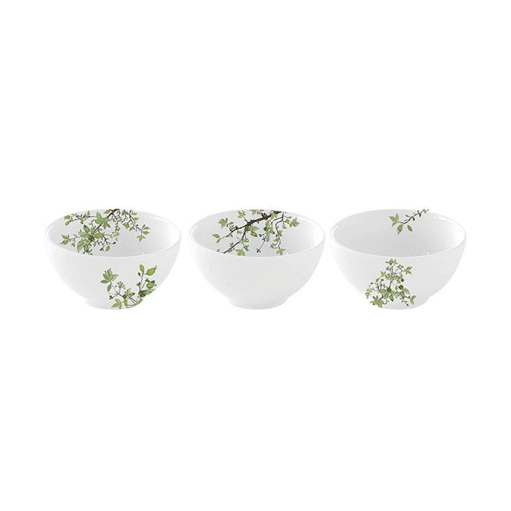 Zöldellő tavaszi faággal díszített, 9,5 cm átmérőjű, minőségi porcelánból készült, 3 darabos tálka szett díszdobozba csomagolva.