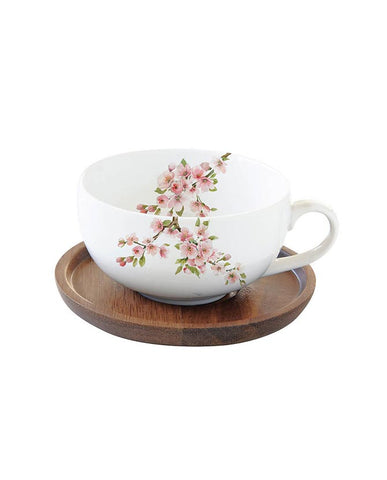 Virágzó cseresznyefa ággal díszített, minőségi porcelánból készült teáscsésze, akácfa alátéttel díszdobozba csomagolva