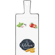Fekete szegéjű, fehér színű porcelán vágólap zöldségmotívumokkal és kitchen felirattal