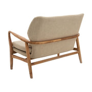 Skandináv stílusú, nyírfából készült kanapé bézs színű kárpitozással, ülő- és hátpárnákkal.