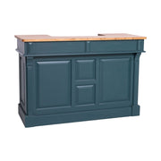 Viharkék színű, vidéki stílusú bárpult, natúr színű olajozott tölgyfa fedlappal.