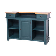 Viharkék színű, vidéki stílusú bárpult, natúr színű olajozott tölgyfa fedlappal.