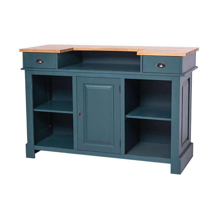 Viharkék színű, vidéki stílusú bárpult, natúr színű olajozott tölgyfa fedlappal.