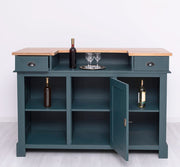 Viharkék színű, vidéki stílusú bárpult, natúr színű olajozott tölgyfa fedlappal.