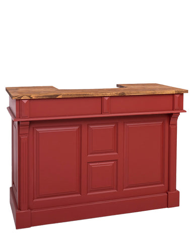 Fenyőfa bárpult dekoratív, kazettás jellegű dekorációval. Színe: piros és natúr.