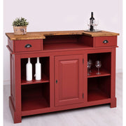 Fenyőfa bárpult dekoratív, kazettás jellegű dekorációval. Színe: piros és natúr.