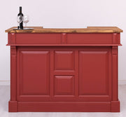 Fenyőfa bárpult dekoratív, kazettás jellegű dekorációval, megemelt pultfelülettel. Színe: piros és natúr.