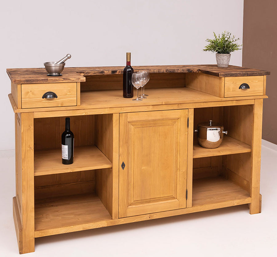 Tömör fenyőfából készült, waxolt natúr színű dekoratív bárpult natúr pácolt fedalappal.