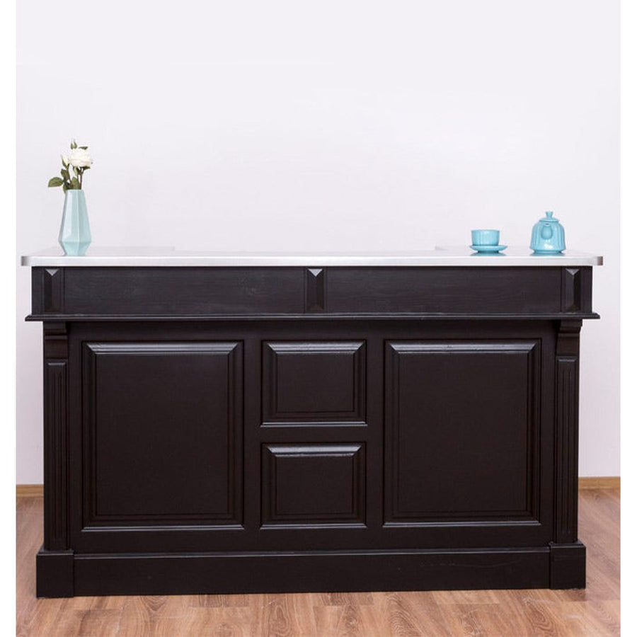 Tömör fenyőfából készült, fekete színű dekoratív bárpult cink fedalappal.