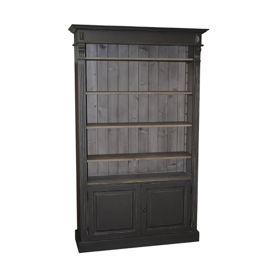 Klasszikus stílusú, tömör fenyőfa könyvesszekrény. Antikolt fekete és pácolt szürkésbarna színű.