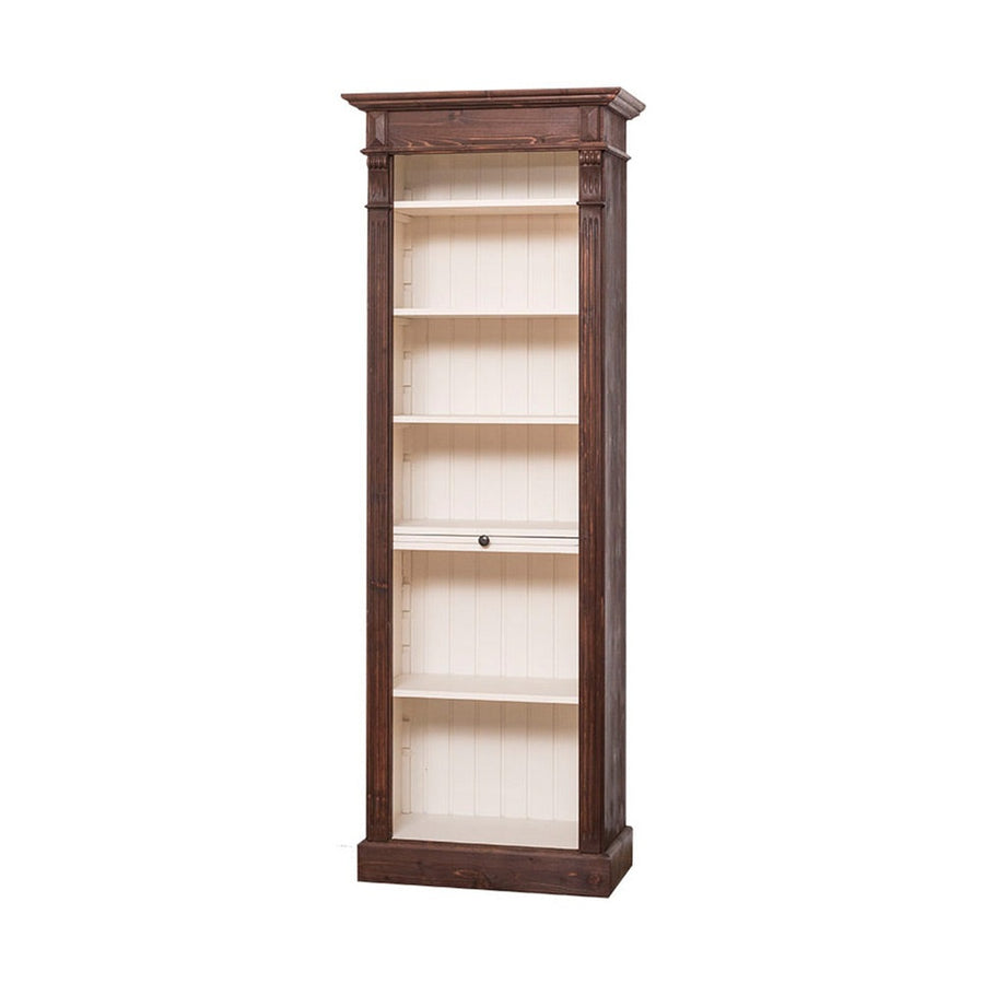 Vörösesbarna, és krémfehér színű klasszikus stílusú könyvszekrény hat polccal és egy kihúzható könyvtartóval.