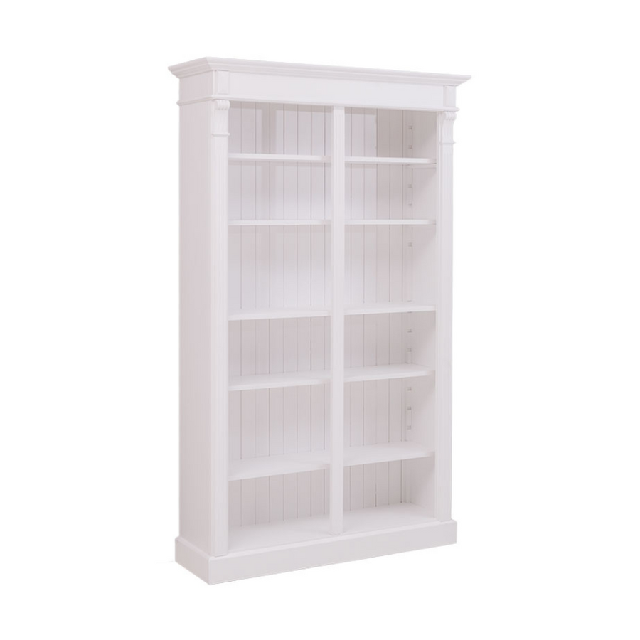 Klasszikus stílusú, kétosztatú tömör fenyőfa könyvesszekrény. Fehér színű.