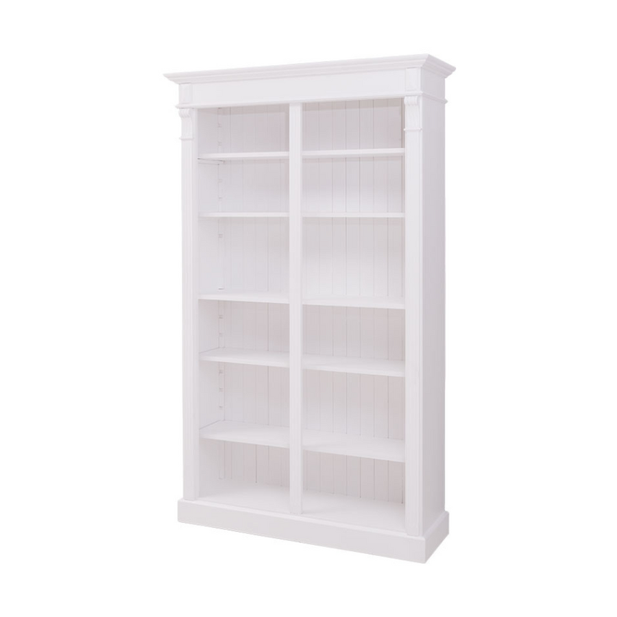 Klasszikus stílusú, kétosztatú tömör fenyőfa könyvesszekrény. Fehér színű.