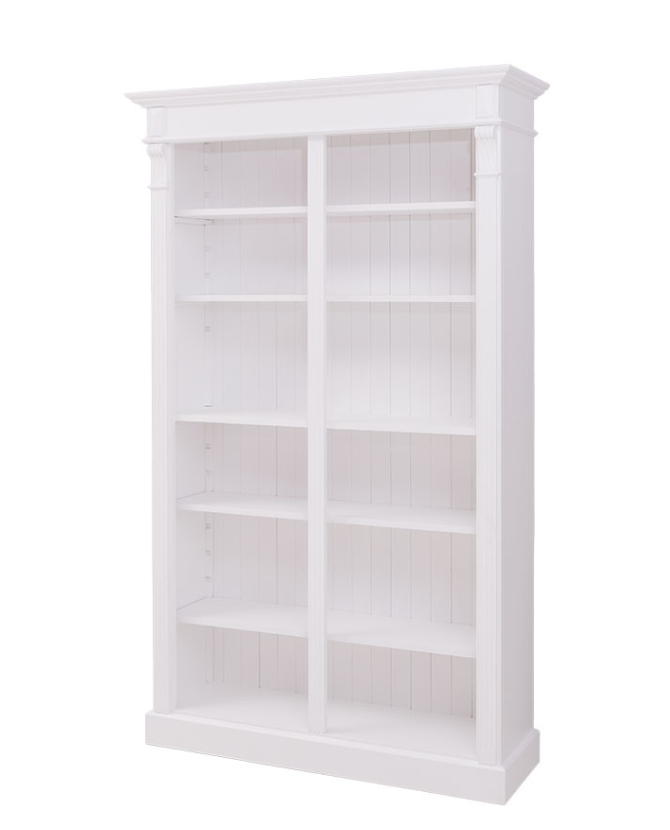 Klasszikus stílusú, kétosztatú tömör fenyőfa könyvesszekrény. Fehér színű.