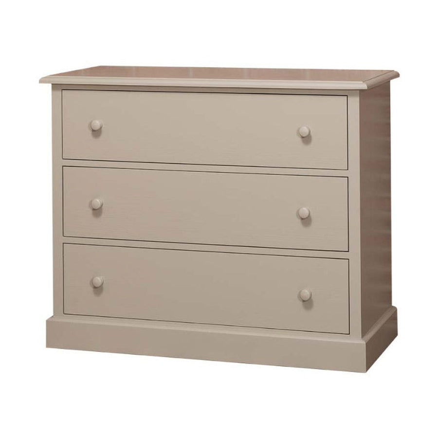 Fenyőfából készült, festett, bézs színű három fiókos komód.