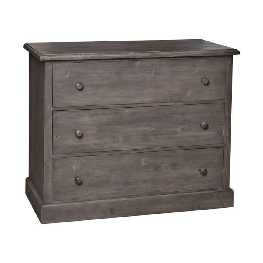 Fenyőfából készült, csiszolt, szürke színű három fiókos komód.