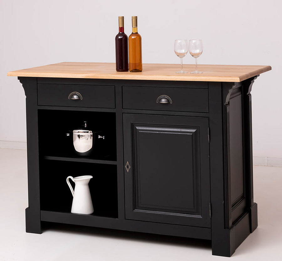 Fenyőfából készült, fekete színű bárpult natúr színű tölgyfa fedlappal.