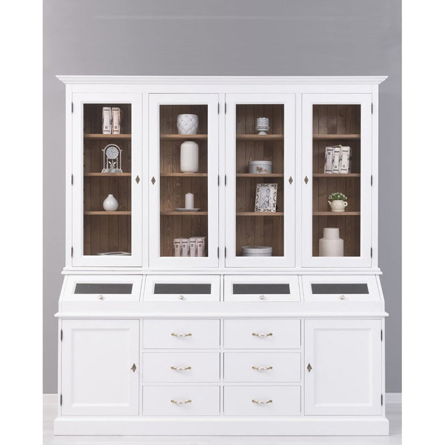 Country stílusú nagyméretű, kétosztatú fenyőfa tálalószekrény. Színe: fehér és pácolt natúr