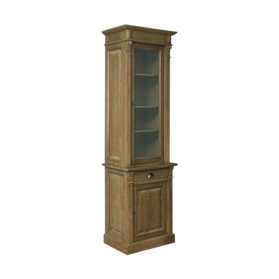 Fenyőfából készült vitrines könyvszekrény. Pácolt, natúr.