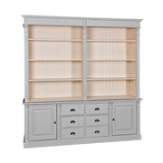 Antikolt szürke, és krémszínű, klasszikus stílusú nagyméretű tömör fenyőfa könyvszekrény