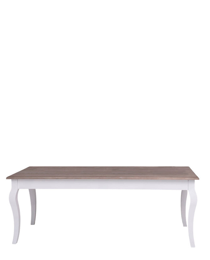 Vidéki stílusú, fehér színű fenyőfa étkezőasztal natúr lakkozott asztallappal.
