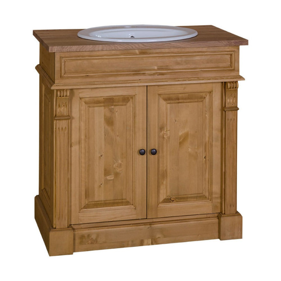 Klasszikus stílusú, fenyőfából készült, natúr, pácolt színű mosdószekrény.