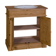 Klasszikus stílusú, fenyőfából készült, natúr, pácolt színű mosdószekrény.