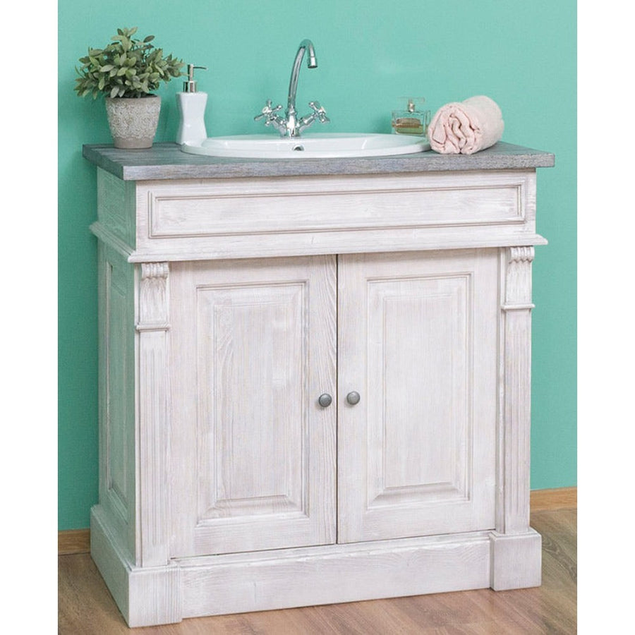 Klasszikus stílusú, fenyőfából készült, fehér és szürke színű mosdószekrény.